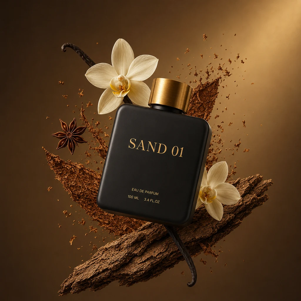 عطر SAND 01 — إعلان مصمَّم بعناصر فانيلا وتبغ وخلفية ذهبية