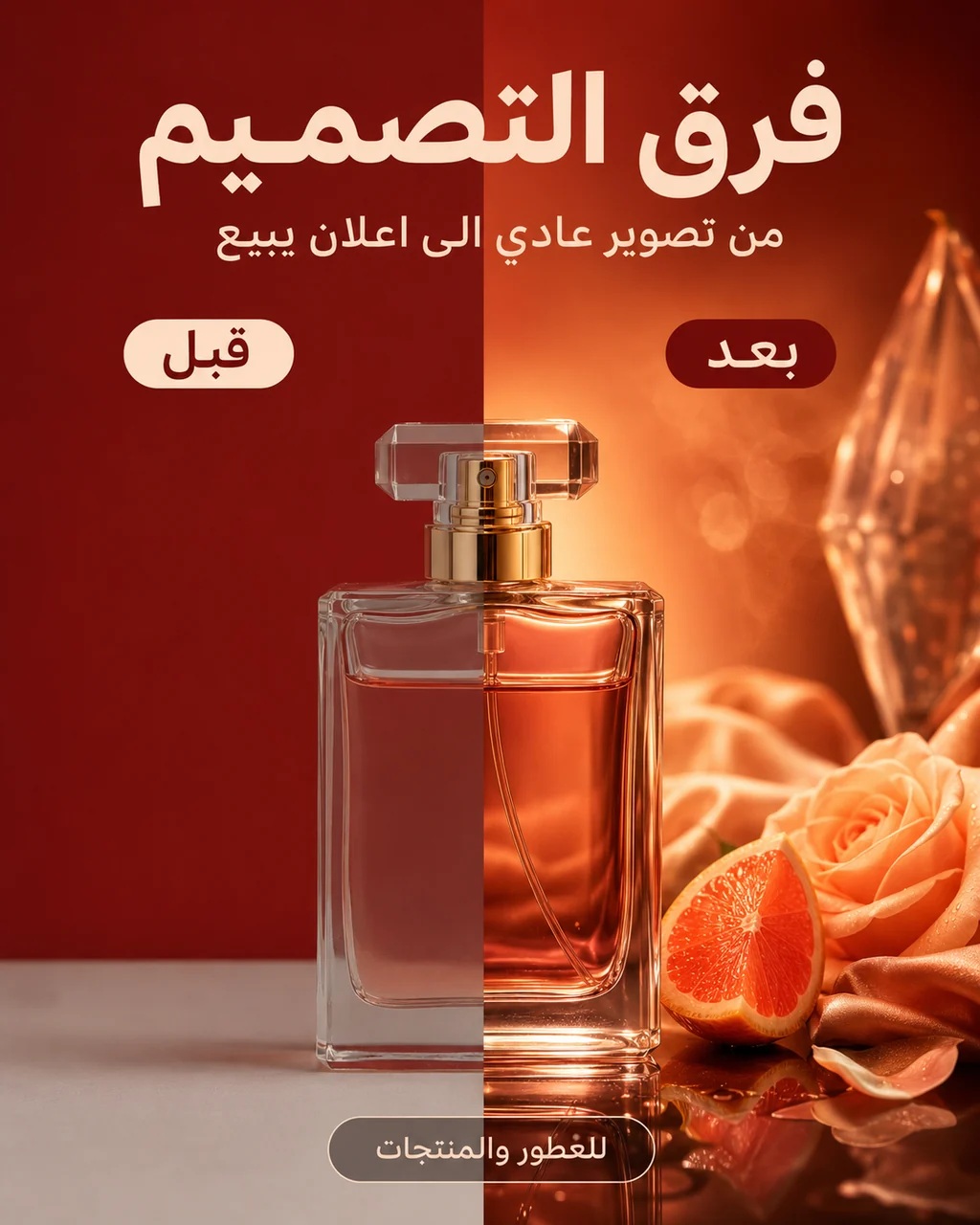 فرق التصميم — من تصوير عادي إلى إعلان يبيع، قبل وبعد لزجاجة عطر